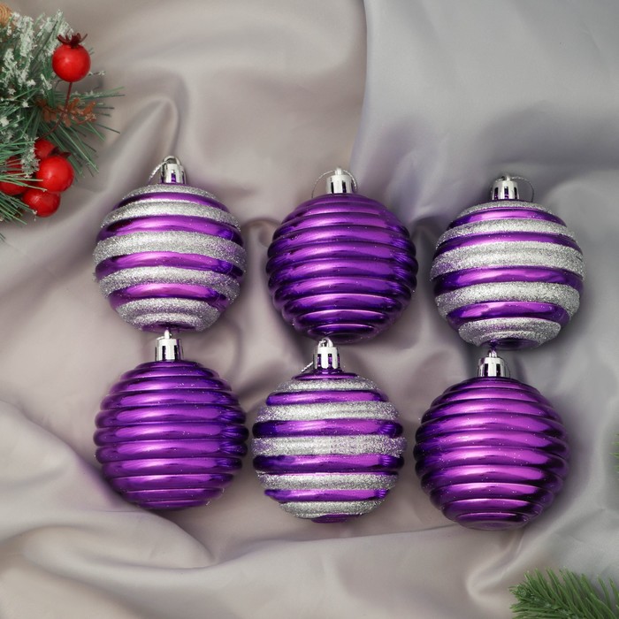 Набор шаров пластик d-6 см, 6 шт Агнет полосы, серебристо-фиолетовый