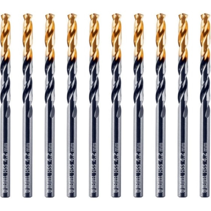 Сверло по металу DENZEL 717210, 4,2 мм, HSS-Tin, Golden Tip, 10 шт. набор сверл по металлу 1 13 мм hss tin golden tip 25 шт denzel