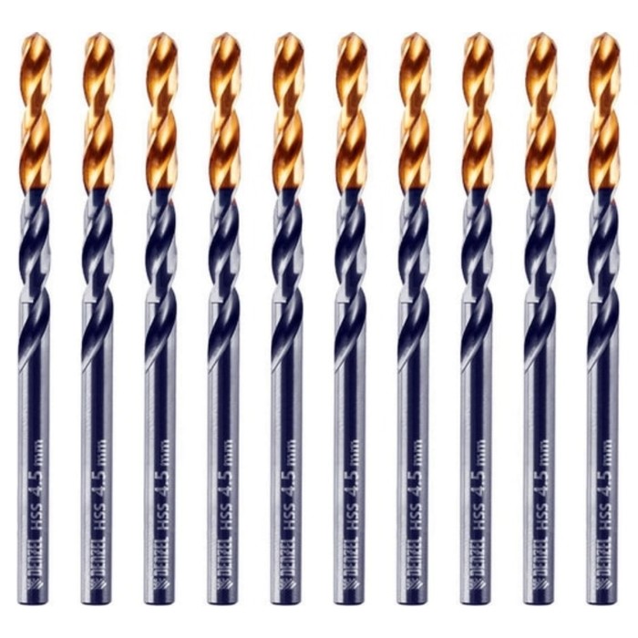 Сверло по металу DENZEL 717211, 4,5 мм, HSS-Tin, Golden Tip, 10 шт. набор сверл по металлу 1 13 мм hss tin golden tip 25 шт denzel