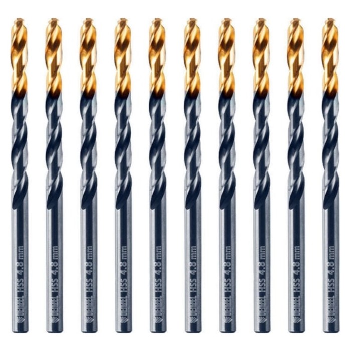 Сверло по металу DENZEL 717212, 4,8 мм, HSS-Tin, Golden Tip, 10 шт. набор сверл по металлу 1 13 мм hss tin golden tip 25 шт denzel