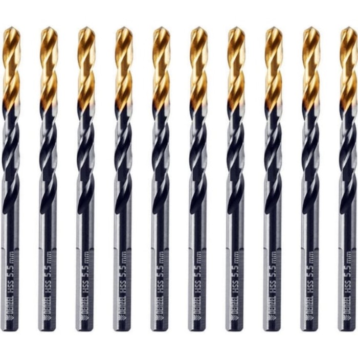 Сверло по металу DENZEL 717214, 5,5 мм, HSS-Tin, Golden Tip, 10 шт. набор сверл по металлу 1 13 мм hss tin golden tip 25 шт denzel