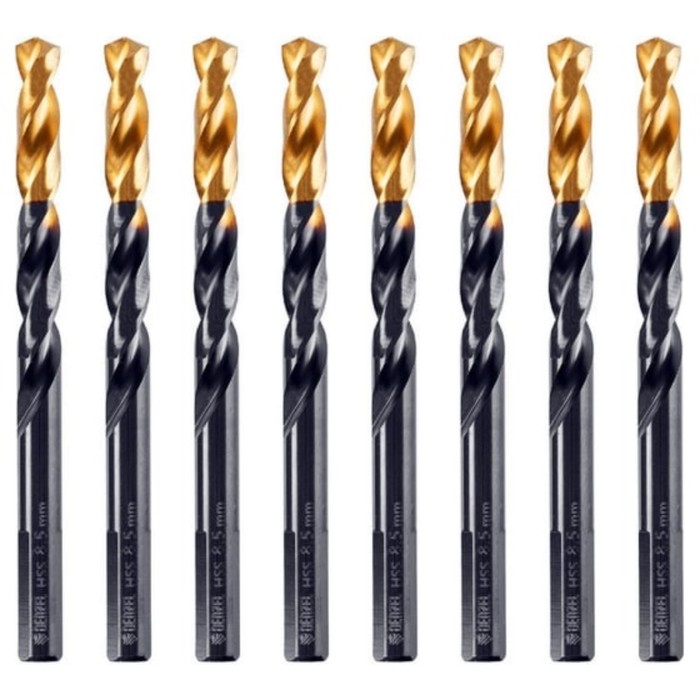 Сверло по металу DENZEL 717220, 8,5 мм, HSS-Tin, Golden Tip, 8 шт. набор сверл по металлу 1 13 мм hss tin golden tip 25 шт denzel