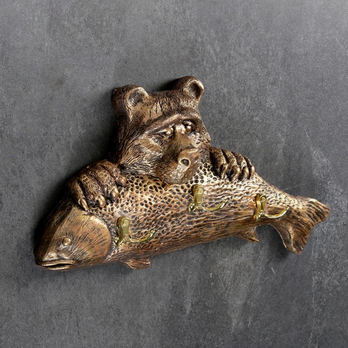 Вешалка Медведь с рыбой бронза, 22х44см