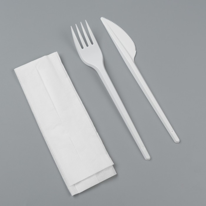 Набор одноразовой посуды «Белый» вилка, нож, салфетка, 16,5 см