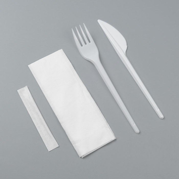Набор одноразовой посуды «Белый» вилка, нож, зубочистка, салфетка, 16,5 см