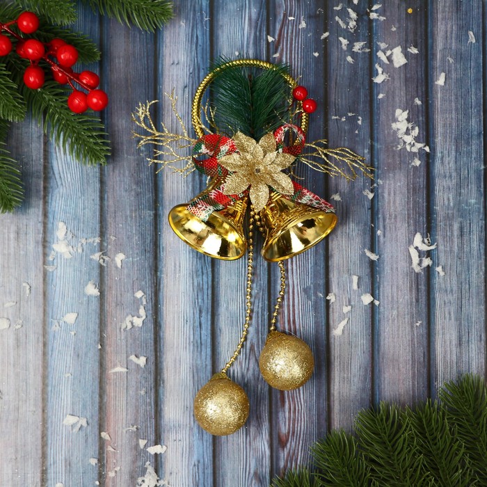 Украшение новогоднее Колокольчики с цветком и веточками 10х25 см, золото