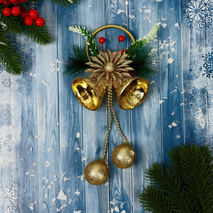 Украшение новогоднее Колокольчики с цветком и ягодками 10х25 см, золото