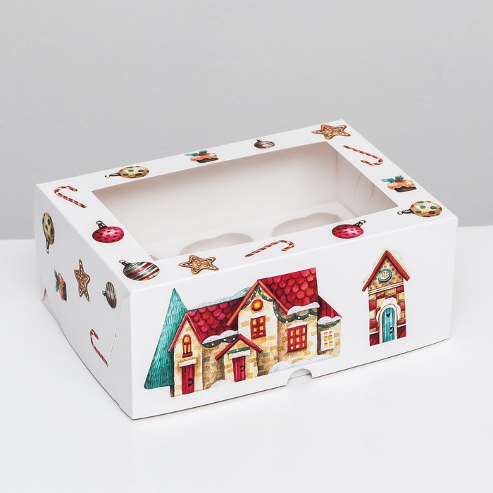 Упаковка на 6 капкейков с окном Рождественский домик, 25 х 17 х 10 см