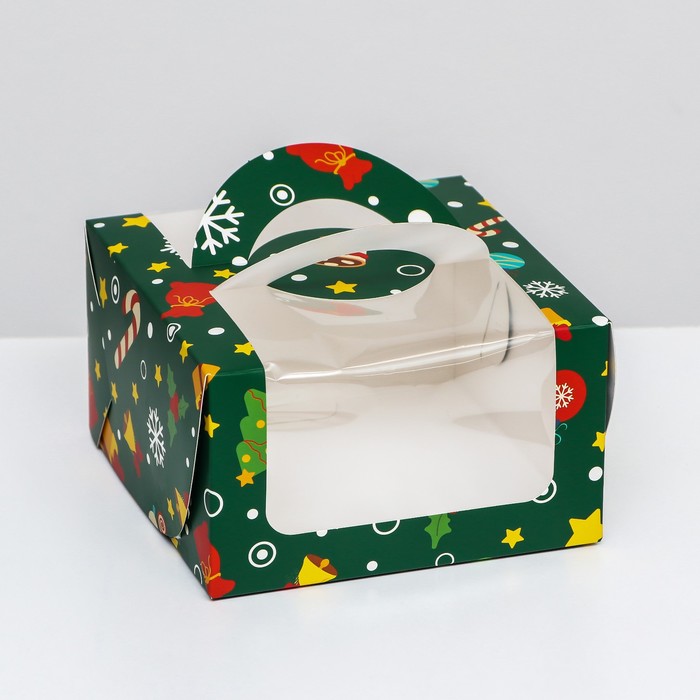 Коробка под бенто-торт с окном Новогодняя изумрудная, 14 х 14 х 8 см