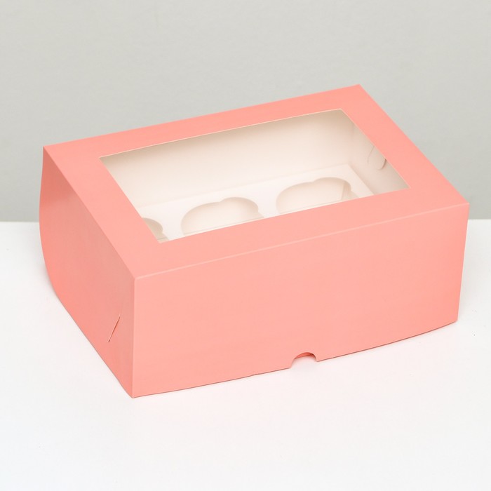 Упаковка на 6 капкейков с окном, розовая, 25 х 17 х 10 см упаковка под 6 капкейков с окном белая 25 х 17 х 10 см