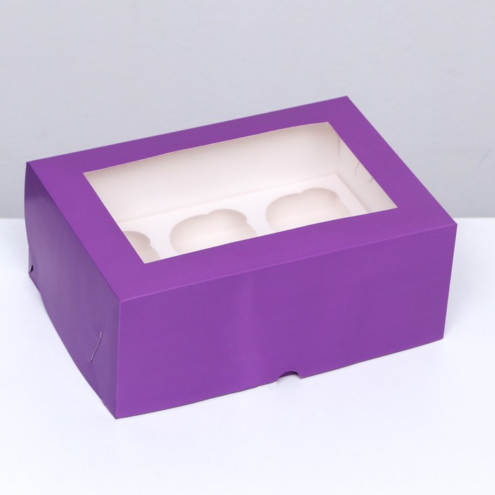 Упаковка на 6 капкейков с окном сиреневая, 25 х 17 х 10 см упаковка на 6 капкейков с окном кофе 25 х 17 х 10 см