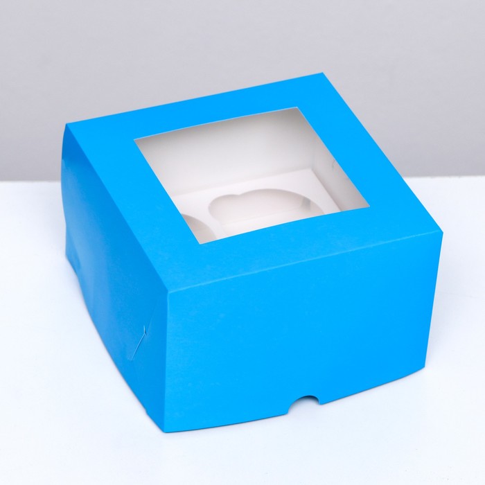 Упаковка под 4 капкейка с окном, голубая, 16 х 16 х 10 см кондитерская упаковка под 2 капкейка крафт с окном 16 х 10 х 8 см набор 5шт