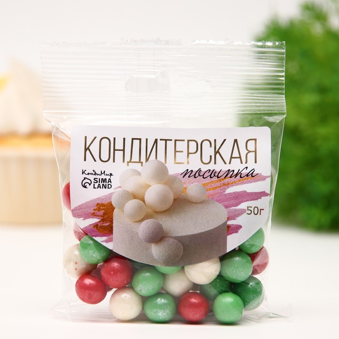 

Посыпка кондитерская "Новый год" в цветной глазури (зеленый, красный, белоснежный) 12-13 мм, 50 г