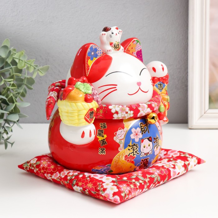 фото Копилка керамика "кот манэки-нэко для благополучия и изобилия" красный 14х20х20,5 см