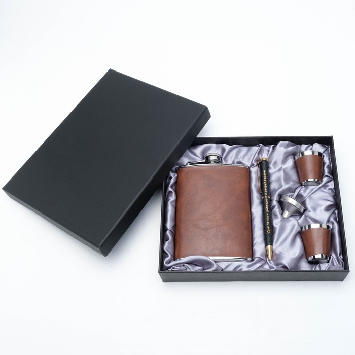 фото Подарочный набор 5 в 1: фляжка 240 мл, воронка, ручка, 2 рюмки, коричневый, 17 х 21 см