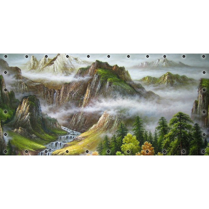Фотосетка, 314 × 155 см, с фотопечатью, люверсы шаг 0.3 м, «Пейзаж с горами» фотосетка 314 × 155 см с фотопечатью люверсы шаг 0 3 м пейзаж с парусником