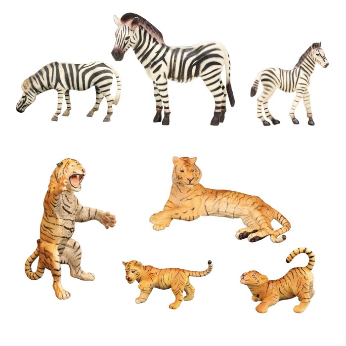 Набор фигурок «Мир диких животных: семья тигров и семья зебр», 7 фигурок