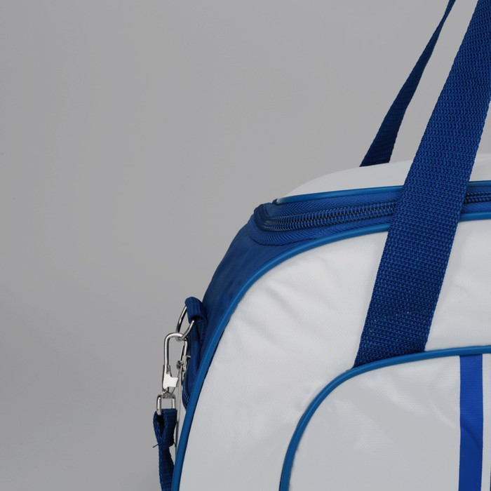 Сумка спортивная на молнии, 1 отдел, 3 наружных кармана, длинный ремень, белый/синий