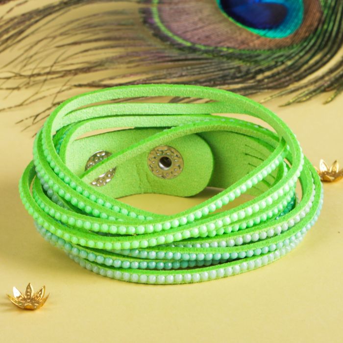 Браслет кожа "Гавайский" 6 нитей, цвет зелёный, 40 см