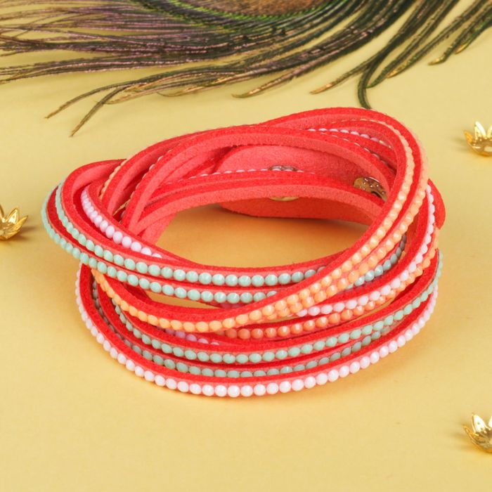 Браслет кожа "Гавайский" 6 нитей, цвет коралловый, 40 см