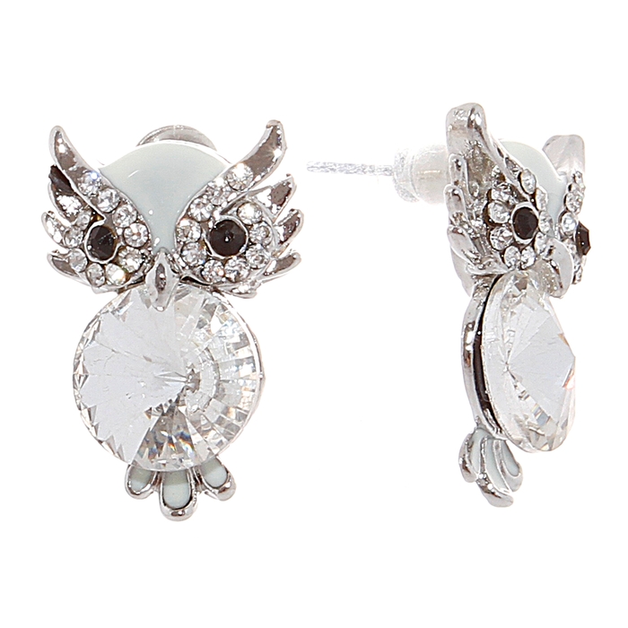Серьги со стразами "Совушки", цвет серебро