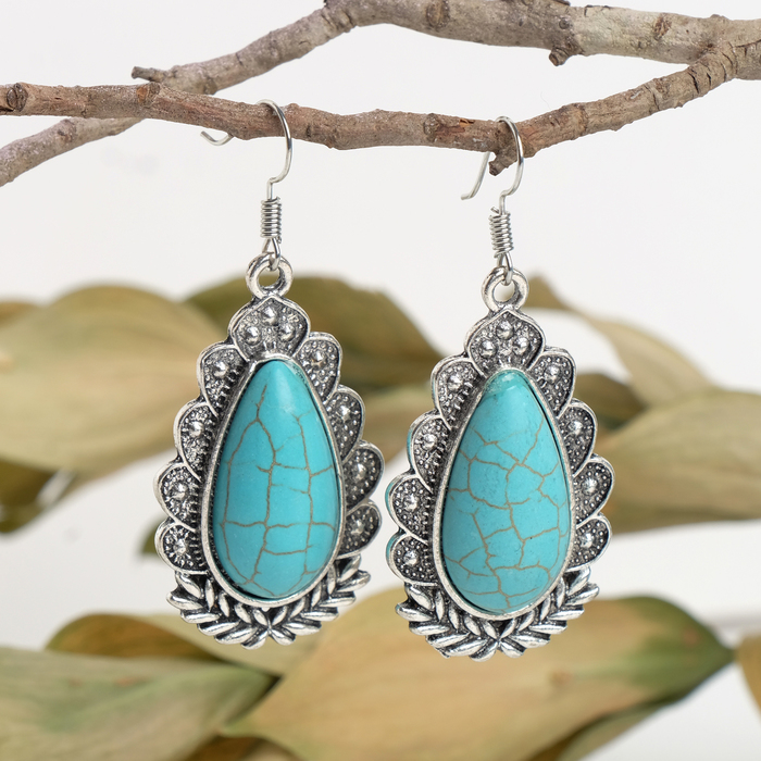 Серьги "Бирюзовый мир" капля, в чернёном серебре