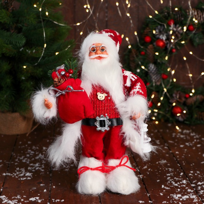 дед мороз в полосатом шарфе и с фонариком 44 см бело красный Дед Мороз С коробками подарком и фонариком 31 см, красный