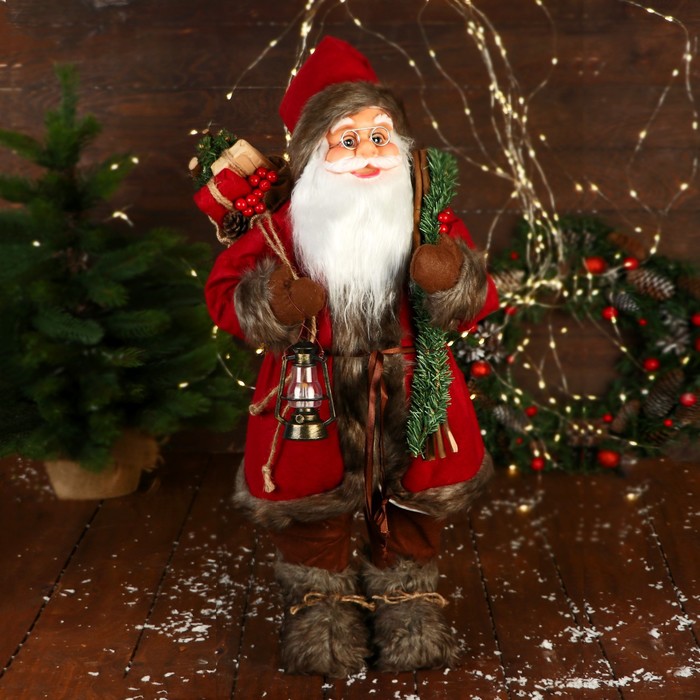 дед мороз в полосатом шарфе и с фонариком 44 см бело красный Дед Мороз С фонариком и веточками 60 см, красный