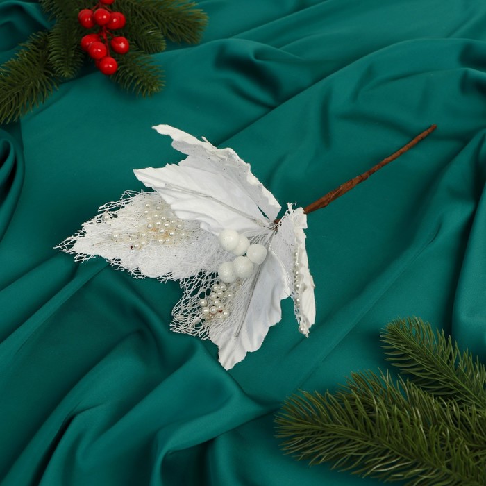 Декор Зимний цветок сеточка бусинки, 24х15 см, белый