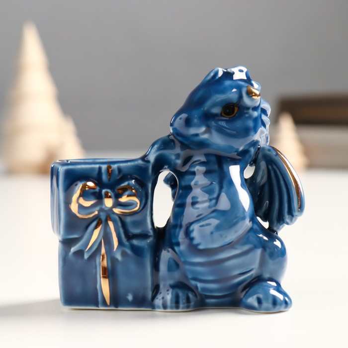 Сувенир керамика подставка д/зубочисток Дракоша с подарками сине-золотой 4х6,5х7 см