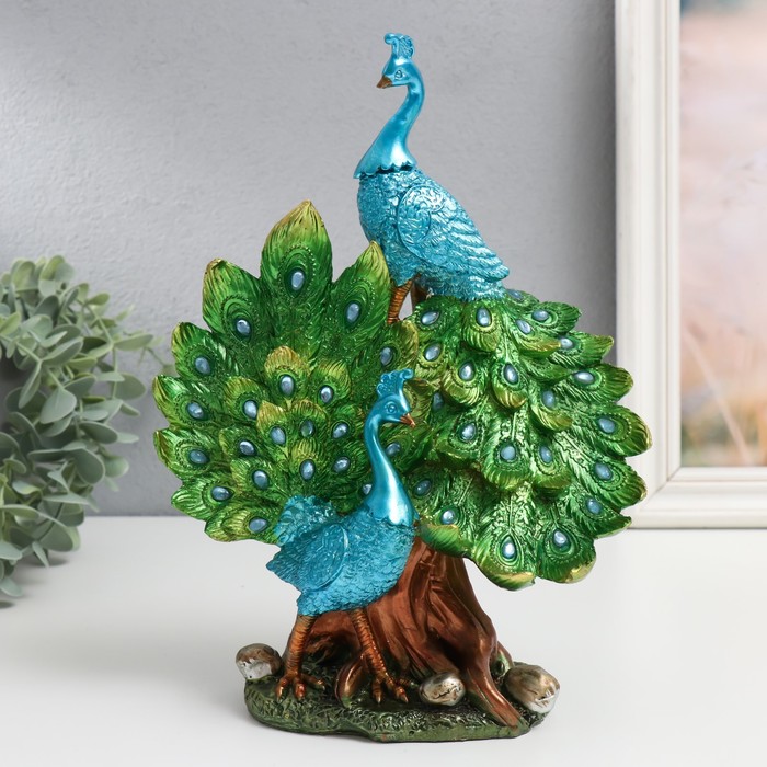 Сувенир полистоун Два голубых павлина с зелёными хвостами 19х9х25,5 см