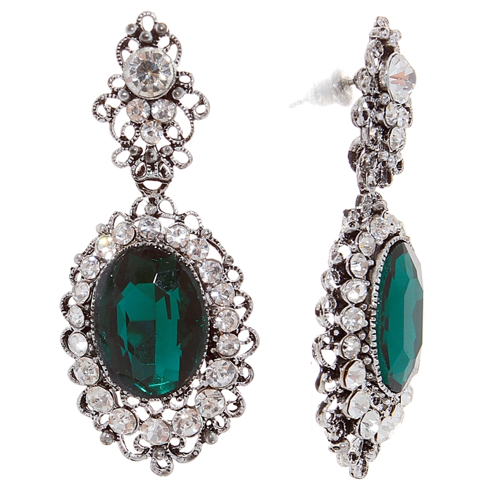Серьги висячие со стразами "Овал" в ажуре, цвет бело-зеленый в черненом серебре