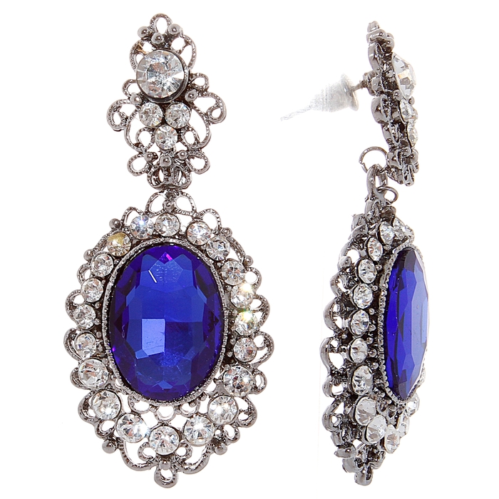 Серьги висячие со стразами "Овал" в ажуре, цвет бело-синий в серебре