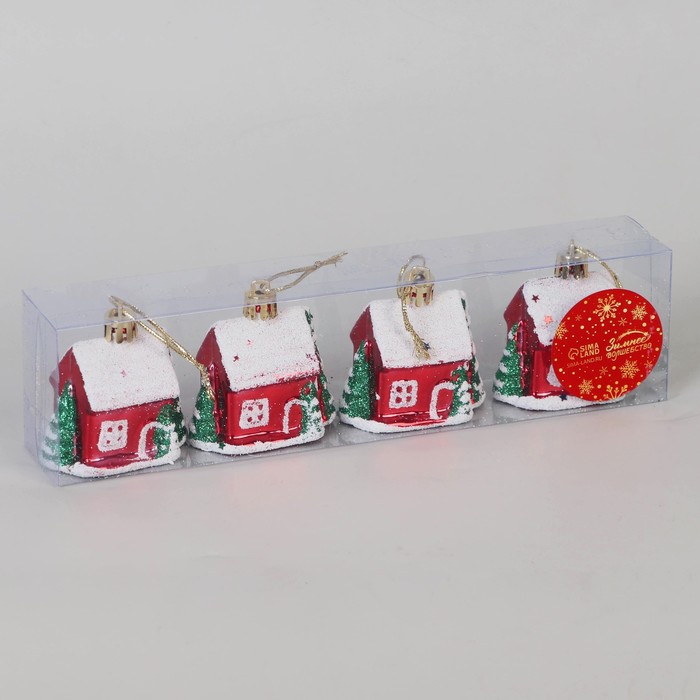 фото Украшение ёлочное "сказочный домик" (набор 4 шт) 5х6 см, красный зимнее волшебство