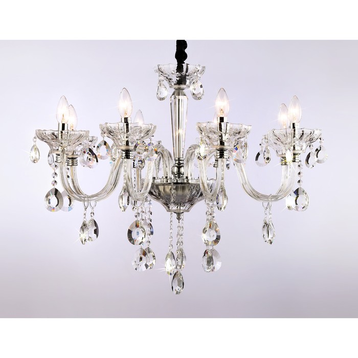 Подвесная классическая люстра с хрусталём Ambrella light, Classic, TR4906, 8хE14, цвет хром люстра подвесная с абажурами и хрусталём ambrella light traditional tr4548 8хe14 цвет белый серебро