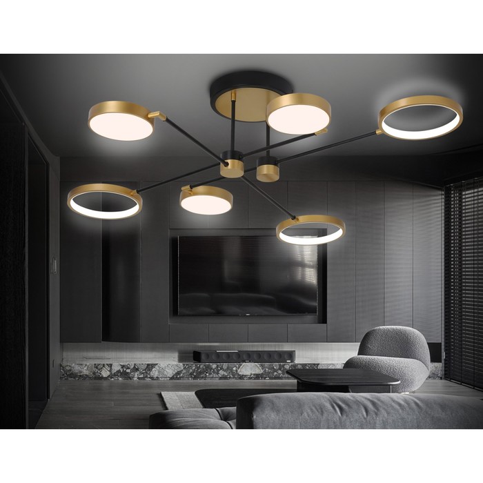 фото Светильник светодиодный потолочный с пультом ambrella light, linetech, fl5157, 6хled, 84 вт, 6300lum, 3000-6400к, цвет чёрный, золото