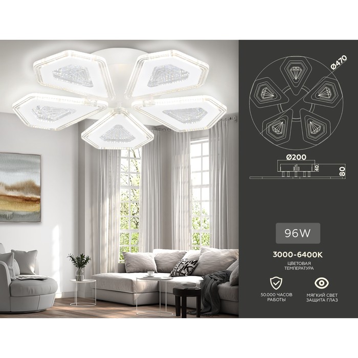 фото Светильник светодиодный потолочный с пультом ambrella light, original, fa4030, 5хled, 96 вт, 7200lum, 3000-6400к, цвет белый