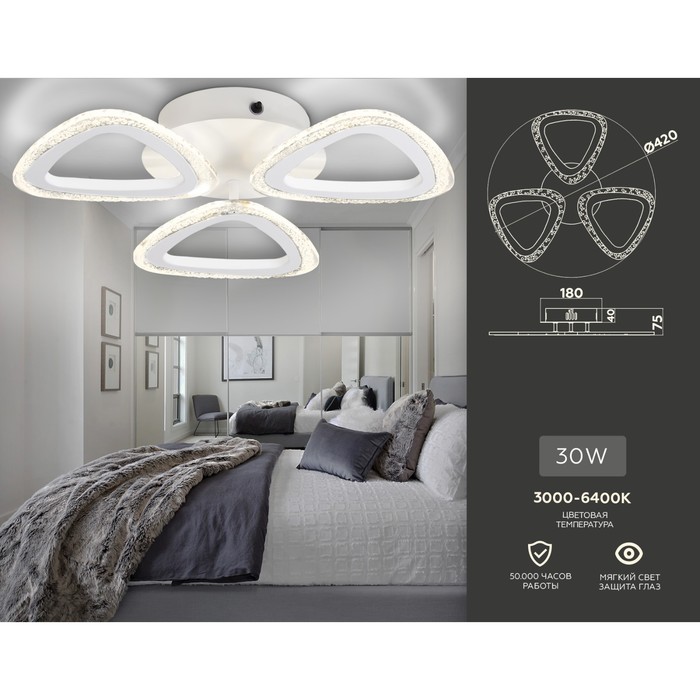 фото Светильник светодиодный потолочный с пультом ambrella light, original, fa4508, 3хled, 30 вт, 2250lum, 3000-6400к, цвет белый