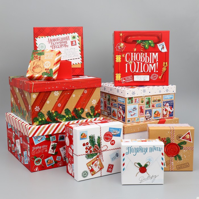 набор подарочных коробок 6 в 1 нежность 10 × 10 × 6 20 × 20 × 11 см Набор подарочных коробок 10 в 1 «Новогоднее послание», 10 × 10 × 6 – 28 × 28 × 15 см