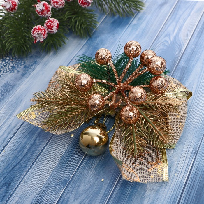 фото Украшение ёлочное "еловая композиция" (набор 2 шт) бант с принтом, 13х12 см, золото зимнее волшебство