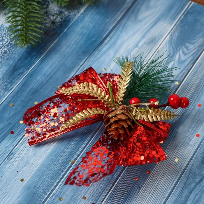 фото Украшение ёлочное "еловая композиция" (набор 3 шт) бант блеск шишка, 11х9 см, красный зимнее волшебство