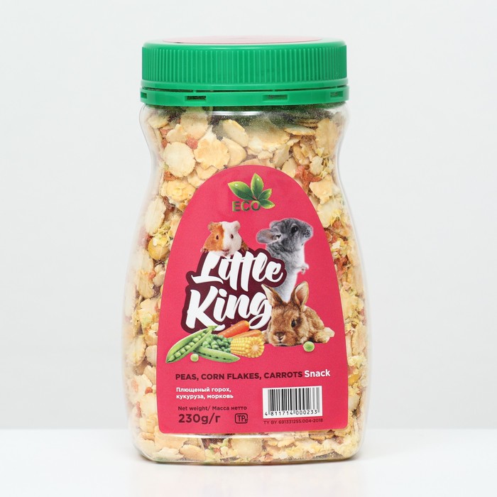 

Лакомство Little King для грызунов (плющеный горох, кукуруза, морковь), банка 230 г