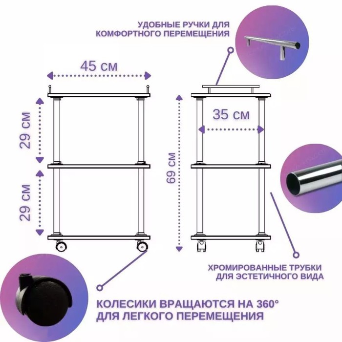 Тележка косметологическая, размер 65x45x35 см, цвет сиреневый