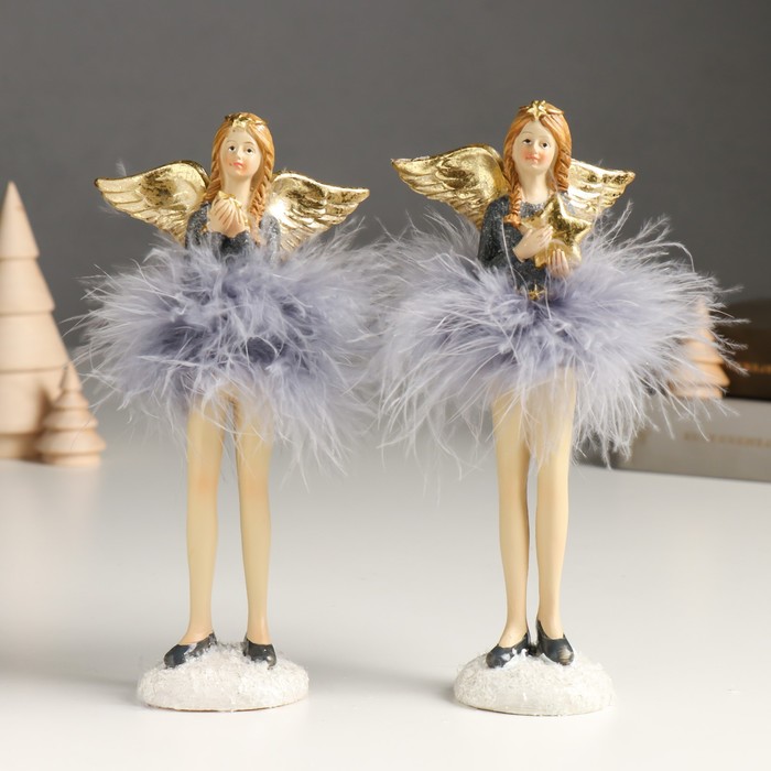 Сувенир полистоун Девушка-ангел в сером платье и пуховой пачке золото МИКС 6х8х18 см