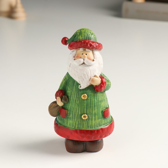 Сувенир полистоун Дед Мороз в зелёной шубе и колпаке, с мешком 5х6х13 см