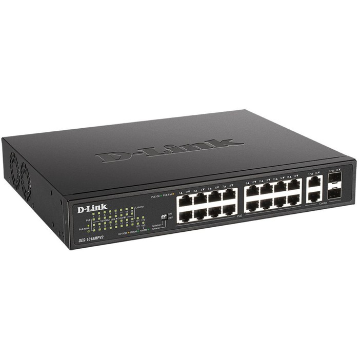 

Коммутатор D-Link DES-1018MPV2 16x100Mb 2G 16PoE+ 247W неуправляемый