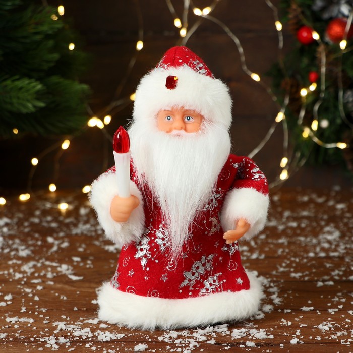 Дед Мороз В узорчатой шубке с фонариком 19 см, красный