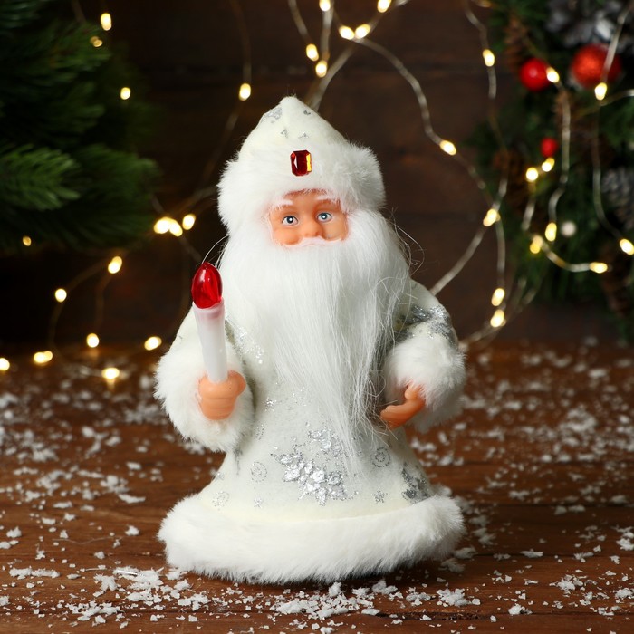 Дед Мороз В узорчатой шубке с фонариком 19 см, серебро