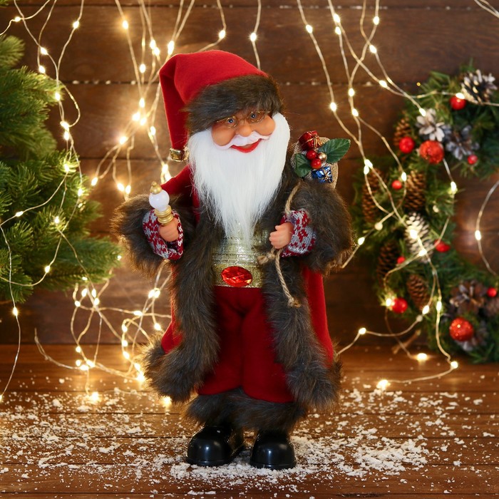 Дед Мороз В костюме с узорными рукавами двигается, с подсветкой, 40 см, красный дед мороз в красном костюме с узором двигается музыка саксофон 160 см