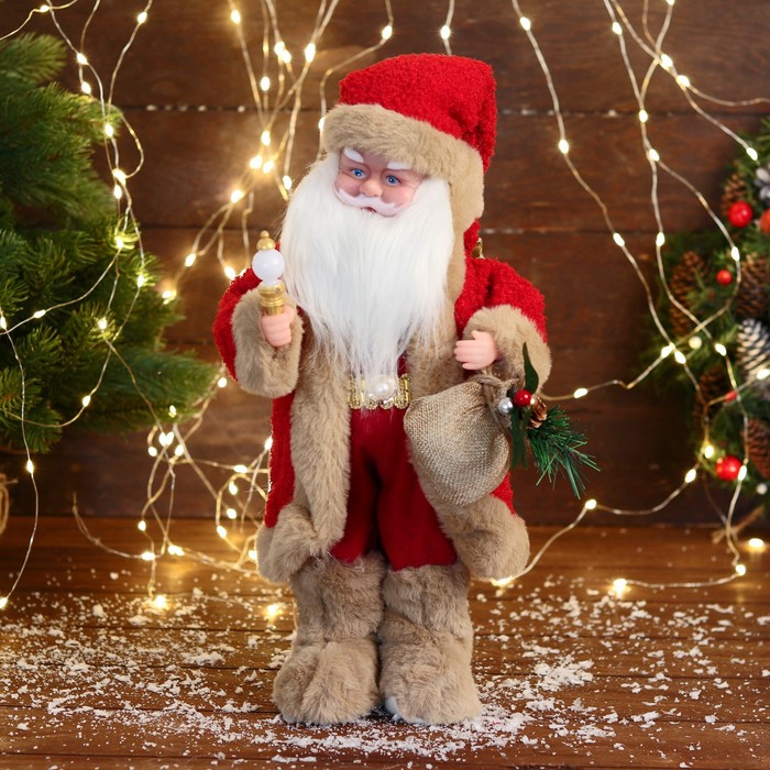 Дед Мороз В костюме с коричневым мехом двигается, с подсветкой, 40 см, красный дед мороз в красном костюме с узором двигается музыка саксофон 160 см